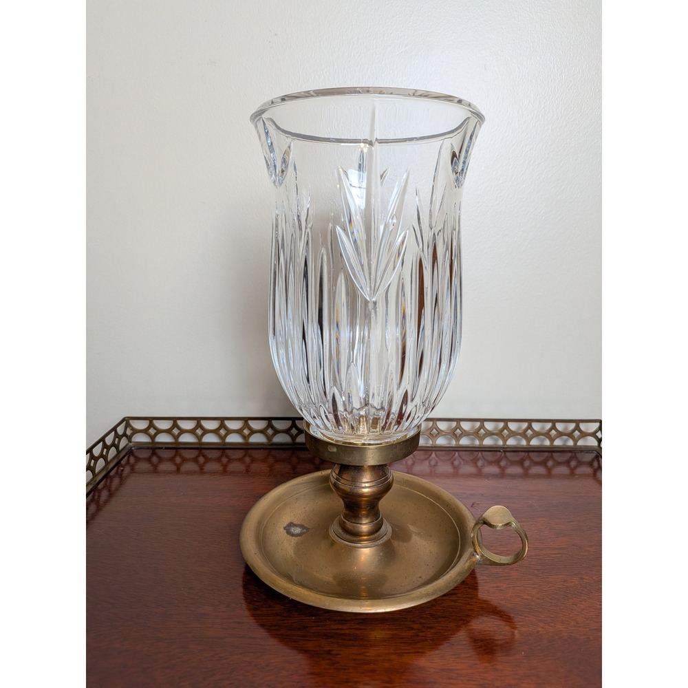 International Silver Vintage Brass and Crystal Hurricane Lamp Candlestick